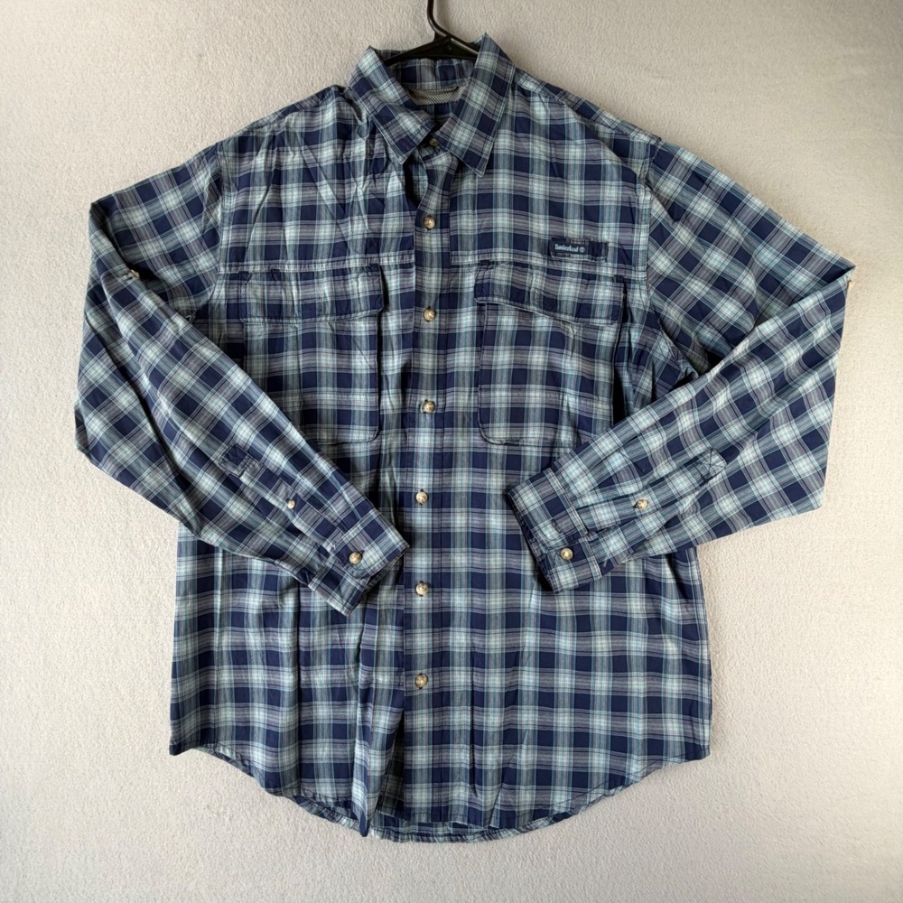Timberland Men's Plaid Button Down Shirt M Blue TurboDry‎ Hiking Outdoors Vented